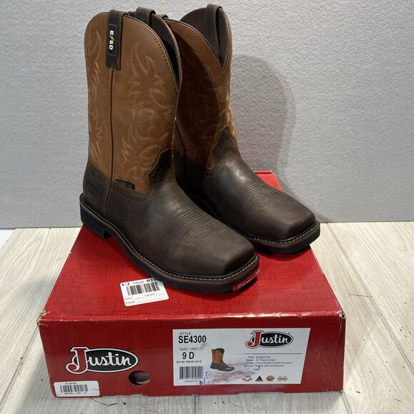 JUSTIN ORIGINAL WORKBOOTS SE4300 Brown Western Boot Size 9D - Picture 1 of 9